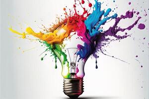 ilustração do colorida lâmpada com respingo do cores em branco fundo. criatividade, eureca, imaginação, inspiração. generativo ai. idéia e solução conceito foto