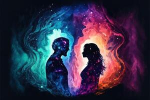 homem e mulher silhuetas às abstrato cósmico fundo. humano almas casal dentro amar. astral corpo, esotérico e espiritual vida conceito generativo ai foto