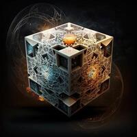 tesserato com fractal Projeto dentro ordem e caos. abstrato multiverso mundo com cúbico ai generativo . criativo surreal terra meio Ambiente de enigma obra de arte construção foto