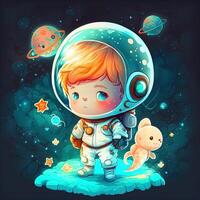 generativo ai adorável Garoto astronauta, dentro exterior espaço, em pé em uma planeta, brilhante colorida asteróides e galáxias, luar brilhando abaixo, chibi estilo. emblema para espaço viagem, tecnologia, fofura foto