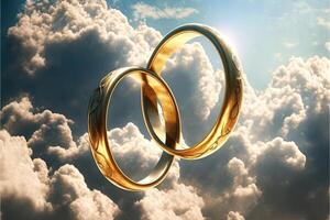 uma par do ouro Casamento argolas flutuando dentro a céu. dois Casamento argolas flutuando dentro a nuvens com uma Sol dentro a fundo e uma azul céu com nuvens abaixo eles. generativo ai. Casamento conceito. foto