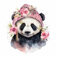 aguarela panda dentro chapéu com flores ilustração ai generativo foto