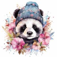 aguarela panda dentro chapéu com flores ilustração ai generativo foto