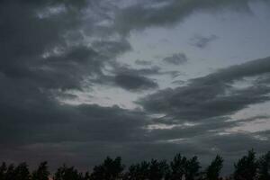 silhuetas árvores, tormentoso dramático nuvens durante tarde pôr do sol. foto