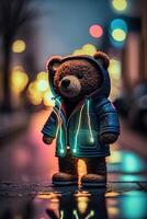 brinquedo fofa Urso dentro roupas Jaqueta e tênis em rua fundo com néon iluminação, generativo ai foto