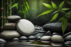 bambu e pedras dentro uma bem estar spa. generativo ai. zen pedras e bambu em a água. relaxar, apreciar às spa conceito foto