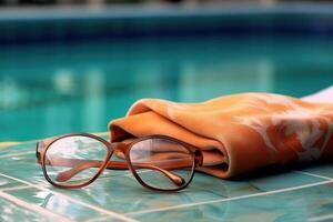 Sol óculos e toalha verão período de férias de a piscina generativo ai foto