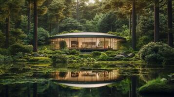Formato do uma em forma de casa lagoa localizado dentro uma exuberante floresta ilustração ai generativo foto