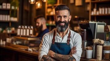 barbudo barista dentro bar. ilustração ai generativo foto