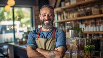 barbudo barista dentro bar. ilustração ai generativo foto