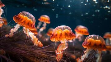 muitos pequeno medusa aurelia aurita dentro mar ilustração ai generativo foto