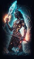 generativo ai hindu Deus Shiva, colorida indiano hindu Deus shiva mão segurando tridente. Deus shiva épico pose com trishula, Magia dentro mão para camiseta imprimir, poster - hindu religioso arte. foto