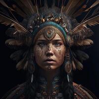 generativo ai nativo americano mulher dentro cerimonial cabeça vestir, reflexão do a silhueta do tribal ancestrais dentro dela olhos. fechar acima do colorida vestido nativo mulher isolado em Preto fundo. foto