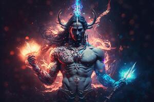 generativo ai hindu Deus Shiva, colorida indiano hindu Deus shiva mão segurando tridente. Deus shiva épico pose com trishula, Magia dentro mão para camiseta imprimir, poster - hindu religioso arte. foto