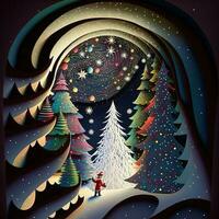 papel cortar dobrando multidimensional, papel cortar arte, papel ilustração, Natal árvore e colori luzes, videira, estrelas, túnel, cometa, ornamentado, óleo, Natal, santa Papai Noel, neve, pombas foto