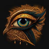 generativo ai a dourado olho do horus com dourado efeito em Preto fundo, representação do a solar olho ou a olho do ra, símbolo do a antigo egípcio Deus do a Sol foto