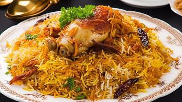 uma prato do Biryani com uma grupo do Comida em isto, ai generativo foto