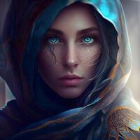 3d ilustração do uma lindo jovem mulher com uma azul véu., ai generativo imagem foto