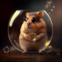 hamster dentro uma vidro tigela com uma ouro moeda em uma Sombrio fundo, ai generativo imagem foto