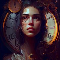lindo jovem mulher dentro uma steampunk estilo. retrato do uma menina com relógios., ai generativo imagem foto