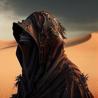 árabe mulher dentro a deserto do Merzouga, Marrocos, ai generativo imagem foto