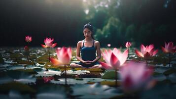 mulher fazendo ioga com lótus flores, espiritual contemplação, generativo ai foto