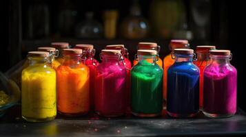 brilhante cores dentro pequeno garrafas para indiano holi festival. colorida gulal rativo ai foto