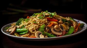 lo mein com vegetais, cogumelos e soja filés, generativo ai foto
