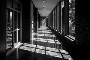 abstração do arquitetônica espacial Projeto com a ritmo do janelas sombras e paredes corredor sem pessoas bw brilhante luz solar contraste. ai gerado foto