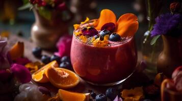 antioxidante casa de força batidos uma fechar-se do uma delicioso e denso em nutrientes superalimento batido enfeitado com fresco fruta e comestível flores generativo ai foto