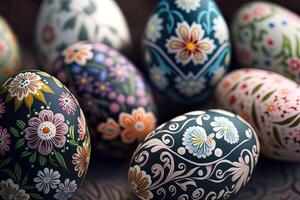 fechar-se do pintado ovos com floral padrões, Páscoa ovos para Páscoa celebração, generativo ai. Primavera conceito Páscoa ovos iridescente cor, brilhante e perolado. foto