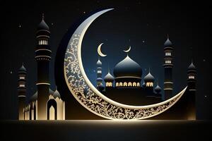 islâmico cumprimento eid Mubarak cartões para muçulmano feriados.eid-ul-adha festival celebração.árabe Ramadã lanterna . generativo ai crescente islâmico com mesquita para Ramadã kareem. foto