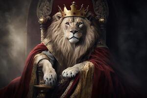 real leão vestindo uma ouro coroa e vermelho capa sentado em uma dourado e vermelho trono. dourado brilhando rei do bestas leão em uma real dourado trono.ai generativo ilustração foto