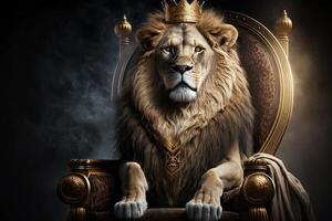real leão vestindo uma ouro coroa e vermelho capa sentado em uma dourado e vermelho trono. dourado brilhando rei do bestas leão em uma real dourado trono.ai generativo ilustração foto