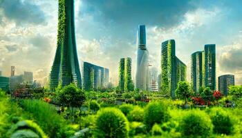 espetacular eco-futurista paisagem urbana cheio com vegetação, arranha-céus, parques, e de outros feito pelo homem verde espaços dentro urbano área. verde jardim dentro moderno cidade. foto