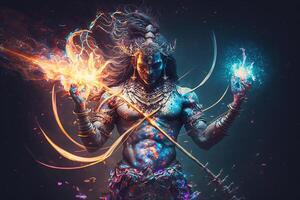 generativo ai hindu Deus Shiva, colorida indiano hindu Deus shiva mão segurando tridente. Deus shiva épico pose com trishula, Magia dentro mão para camiseta imprimir, poster - hindu religioso arte. foto