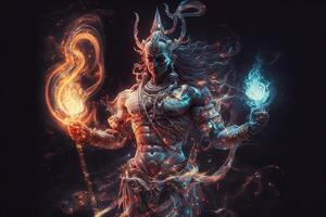 generativo ai hindu Deus Shiva, colorida indiano hindu Deus shiva mão segurando tridente. Deus shiva épico pose com trishula, Magia dentro mão para camiseta imprimir, poster - hindu religioso arte. foto