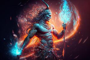 generativo ai hindu Deus Shiva, colorida indiano hindu Deus shiva mão segurando tridente. Deus shiva épico pose com trishula, Magia dentro mão para camiseta imprimir, poster - hindu religioso arte. foto