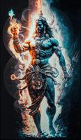 generativo ai hindu Deus Shiva, colorida indiano hindu Deus shiva mão segurando tridente. Deus shiva épico pose com trishula, Magia dentro mão para camiseta imprimir, poster - hindu religioso arte. foto