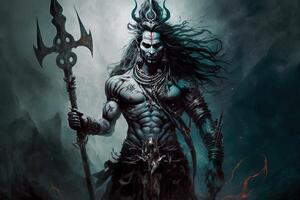 generativo ai hindu Deus Shiva, colorida indiano hindu Deus shiva mão segurando tridente. Deus shiva épico pose com trishula, Magia dentro mão para camiseta imprimir, poster - hindu religioso arte. foto