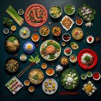 topo Visão do mesa jantar vietnamita. knolling fotografia do família jantar Novo ano , vibrante. vietnamita tradicional refeição dentro país lado. plano deitar. foto