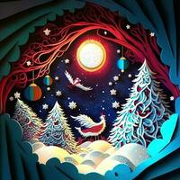 papel cortar dobrando multidimensional, papel cortar arte, papel ilustração, Natal árvore e colori luzes, videira, estrelas, túnel, cometa, ornamentado, óleo, Natal, santa Papai Noel, neve, pombas foto