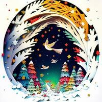 papel cortar dobrando multidimensional, papel cortar arte, papel ilustração, Natal árvore e colori luzes, videira, estrelas, túnel, cometa, ornamentado, óleo, Natal, santa Papai Noel, neve, pombas foto