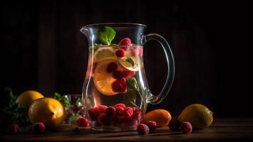 vibrante infundido águas, cheio de nutrientes frutas, vegetais, e ervas submerso dentro uma Claro vidro jarro generativo ai foto