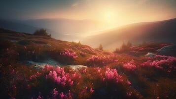 tirar o fôlego natureza cenário durante pôr do sol. incrível nebuloso manhã dentro montanhas com surpreendente Rosa rododendro flovers. cenário do selvagem área, generativo ai foto