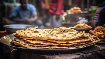 indiano rua alimentos- todo trigo chapati ou chapathi com vegetal Curry, generativo ai foto