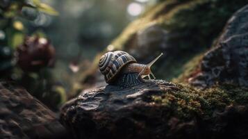 Caracol em uma molhado Rocha. hélice pomatia Além disso romano lesma, Borgonha lesma, comestível Caracol ou escargot, generativo ai foto