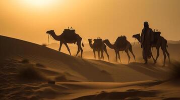 indiano cameleiros beduíno com camelo silhuetas dentro areia dunas do thar deserto em pôr do sol. generativo ai foto