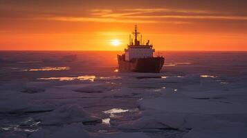lindo pôr do sol com gelo quebra embarcação dentro ártico, generativo ai foto