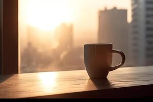 café caneca em peitoril da janela nascer do sol e arranha-céus dentro a fundo ai gerativ. ai gerado foto